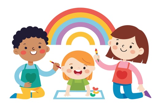 Diverse Kids Drawing Colorful Rainbow on White Paper, Cute Happy Children vector