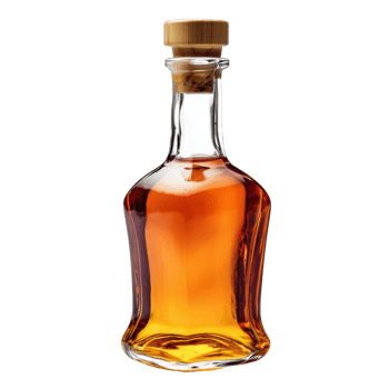Elegant glass bottle with cork and amber liquid for beverages png