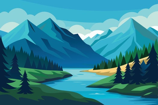 Serene Mountain Landscape with River Winding Through vector