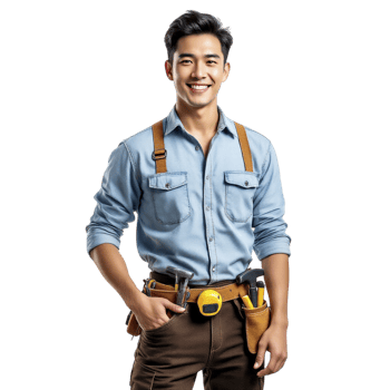 Asian male construction worker with tool belt and work boots png