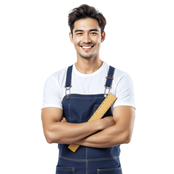 A young man in overalls is smiling and holding a ruler png