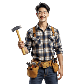 A young man in a plaid shirt holding a hammer png