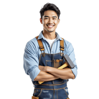 A young man in overalls holding a hammer png