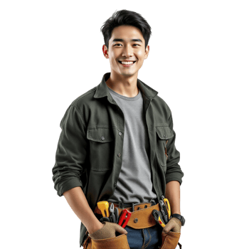 A young man in a green shirt and jeans holding a tool belt png