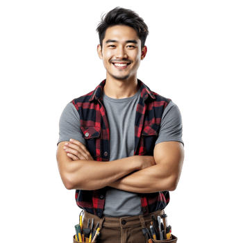 A young man in a plaid shirt and plaid vest holding a wrench png