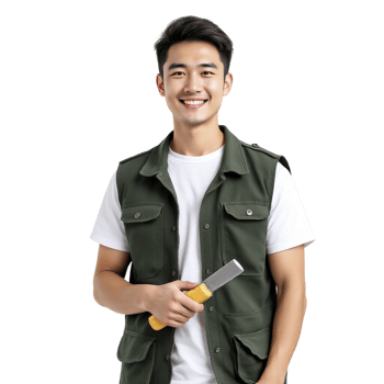 Asian man in green vest holding a tool png