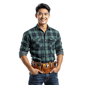 A young man in a plaid shirt and jeans holding a tool belt png