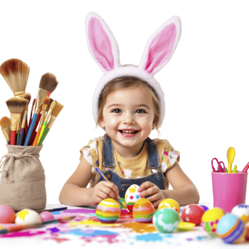 A little girl in bunny ears is holding an easter egg png