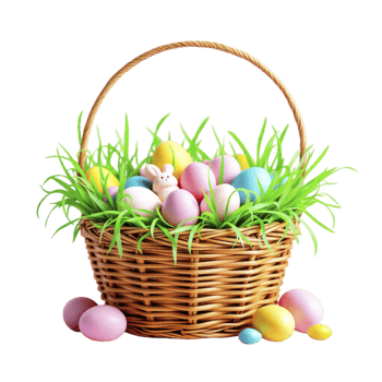 An easter basket with colorful eggs and grass png
