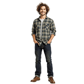 A man in a plaid shirt and jeans standing png