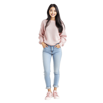 Asian woman in pink sweater and jeans standing against black background png