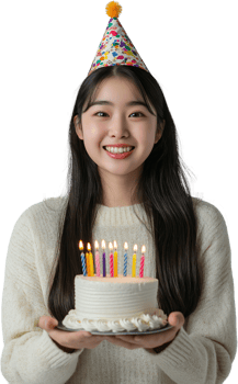 A woman holding a birthday cake with lit candles png