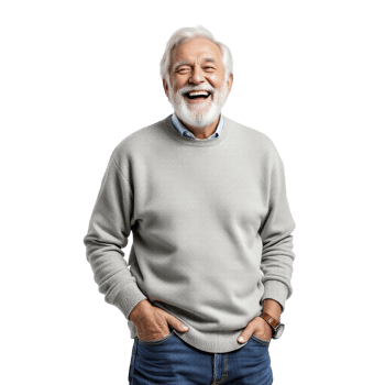 A man with a white beard and a grey sweater is laughing png