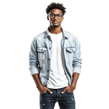 Young man in denim jacket and glasses png