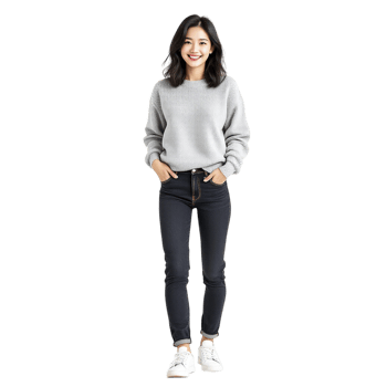 Asian woman wearing jeans and sweatshirt standing in front of black background png