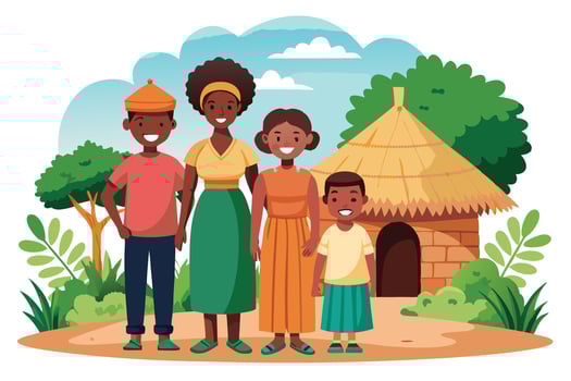African Family Near Traditional Hut with Thatched Roof Cartoon Style on White vector