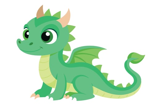 Cute Green Dragon Sitting with Wings, Horns and Tail on Transparent Background vector