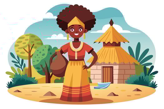 Smiling African Woman with Clay Pot and Village Home in Cartoon Style vector