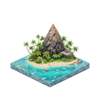 Tropical Island Scene With Palm Trees And Rocky Peak png