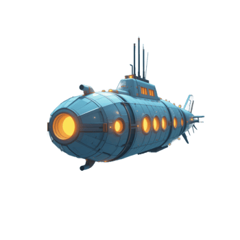 Pixelated Submarine Illustration, Blue and Orange, Transparent Background png