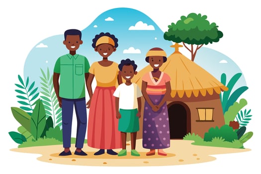 Happy African Family Standing Near Traditional Hut with Plants and Blue Sky vector