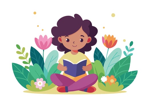 Cheerful African Girl Reading Book Amidst Floral Garden, White Background vector