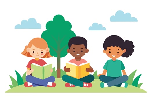 Cartoon Multiethnic Children Reading Books Together Outside on Grass. White Background vector