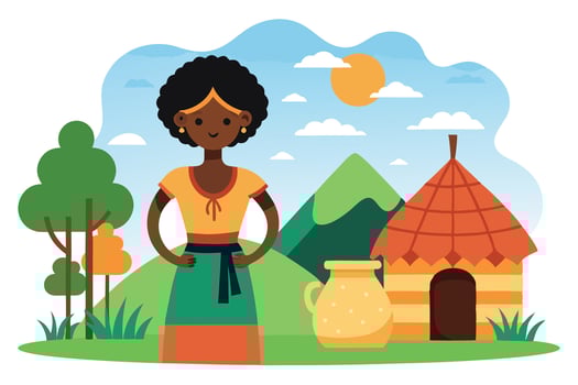 Cartoon African Woman in Traditional Dress with Hut, Trees, and Mountain View vector