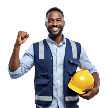 A smiling black man in a hard hat and vest holding a yellow safety helmet png