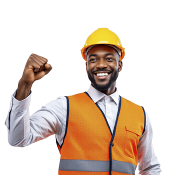 A black man in an orange vest and safety vest is raising his fist png