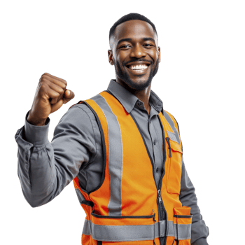 A man in an orange vest and safety vest is holding up his fist png