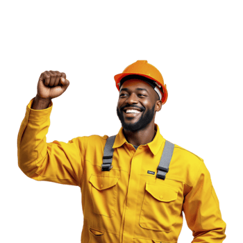 A black man in a yellow hard hat and overalls is raising his fist png