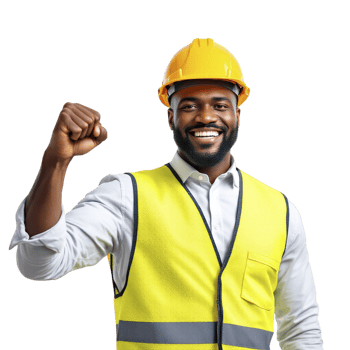 A black man in a hard hat and vest is holding up his fist png
