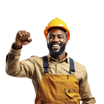 An african american man in a hard hat and overalls is holding up his fist png