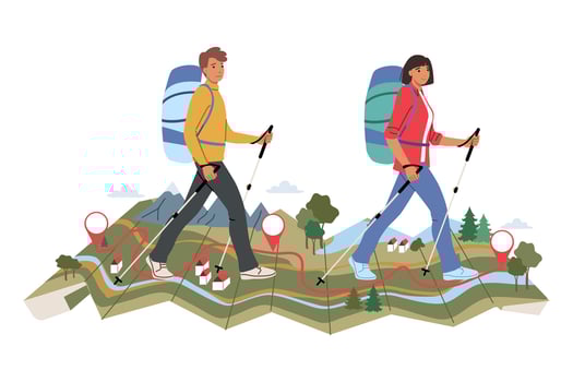 Man and woman went on hike together, walking along huge map with river and mountains vector