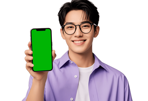 Happy Young Male Model Displays Smartphone with Green Screen, Mobile screen mock-up copy space png