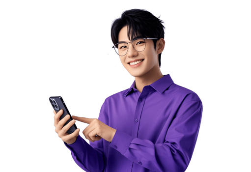 Happy Young Male Model Displays Smartphone copy space png
