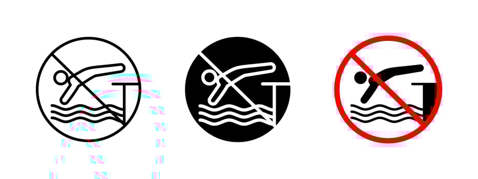 No diving icon. Water safety illustration. Prohibited action sign for swimming pools and water bodies. Warning symbol to prevent accidents with safety regulations in aquatic areas. vector