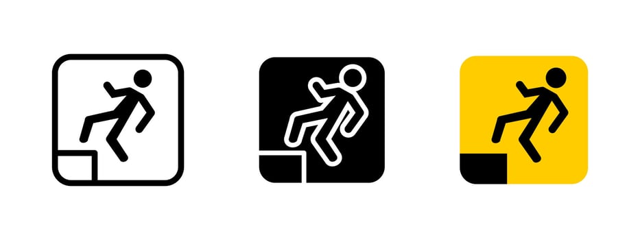 Falling hazard icon. Step caution illustration. Warning sign risk of tripping or falling from an elevated surface. Safety precaution symbol for workplaces, public spaces and construction areas. vector