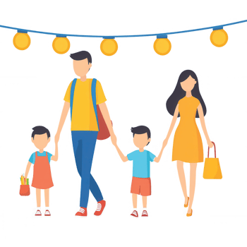 A happy family walking together, enjoying an evening outing. Parents and children hold hands while shopping, surrounded by festive lights. png