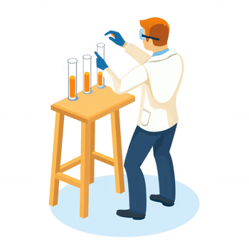 A male scientist in a lab coat working with test tubes on a wooden table. He is focused on his experiment, wearing gloves and glasses, indicating a careful approach to research. png