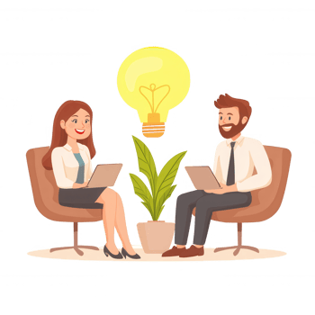 A man and woman engaged in a productive discussion, sitting in modern chairs with laptops. A plant adds a bit of nature, and a glowing light bulb symbolizes ideas. png