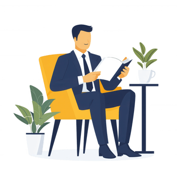 A man in a suit seated comfortably in a stylish chair, reading a book surrounded by green plants, creating a relaxing atmosphere for leisure or study. png