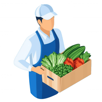 A man in an apron holding a wooden box filled with fresh vegetables, including lettuce, cucumbers, and tomatoes, against a white isolated background. png