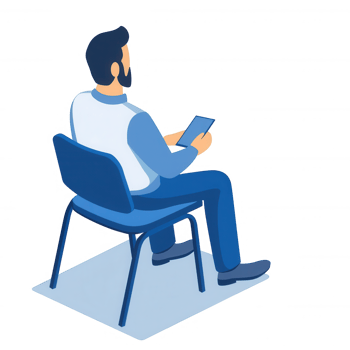 A man sitting in a blue chair, holding a smartphone, depicting a casual lifestyle moment. Ideal for themes of relaxation, technology use, and modern living. png