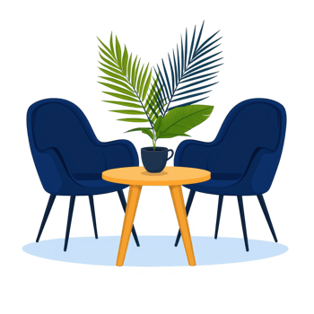 A modern, cozy seating area featuring two blue armchairs, a round wooden table, and decorative plants, perfect for relaxation or socializing in a stylish home setting. png