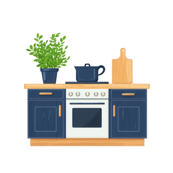 A modern kitchen setup featuring a navy blue cabinet, an oven, a cutting board, and a potted plant, creating a stylish and functional cooking space. png