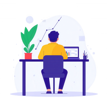 A person working at a desk with a laptop, analyzing data with graphs, and surrounded by plants, providing a modern workspace atmosphere. png