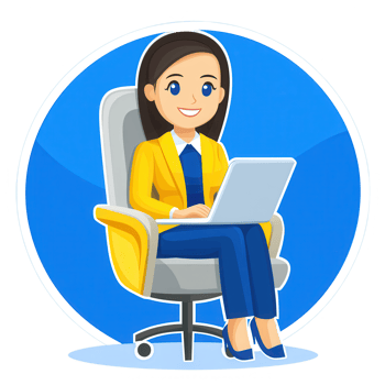A professional female character sitting at a desk with a laptop, wearing a yellow blazer, cheerful and focused while working in a modern office environment. png
