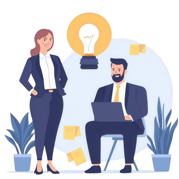 A professional setting featuring a man working on a laptop and a woman standing beside him, both engaged in a creative discussion, surrounded by plants. png
